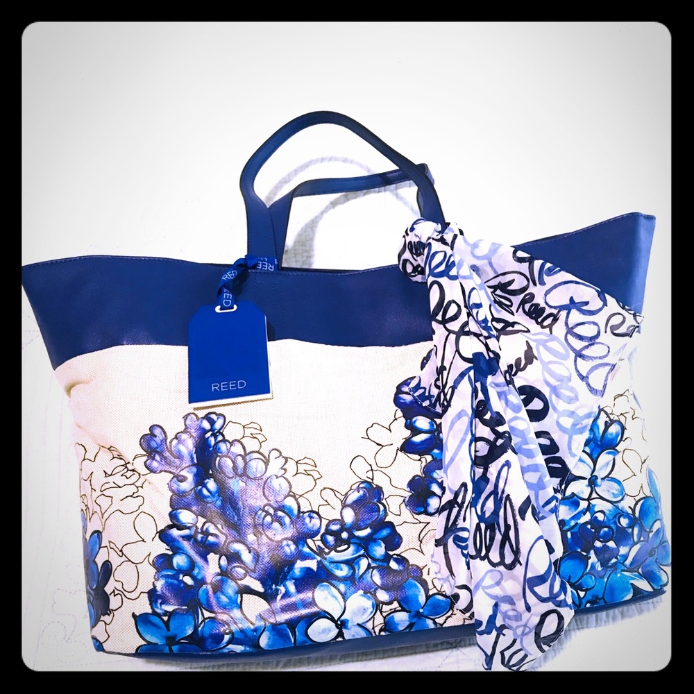 REED KRAKOFF BLUE/Cream TOTE HAND BAG PURSE *NEW*